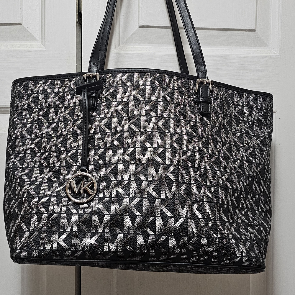 Michael Kors Black and Silver Monogram Tote And Zipper Lg Wristlet Wallet